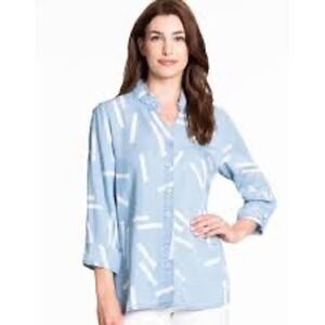 Multiples Women's Blue White Abstract Print Button Down Shirt Tunic Top Fringe